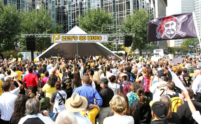 Thousands of Pirates fans fill the heart of Market Square on Wednesday afternoon. -- PITTSBURGH PIRATES